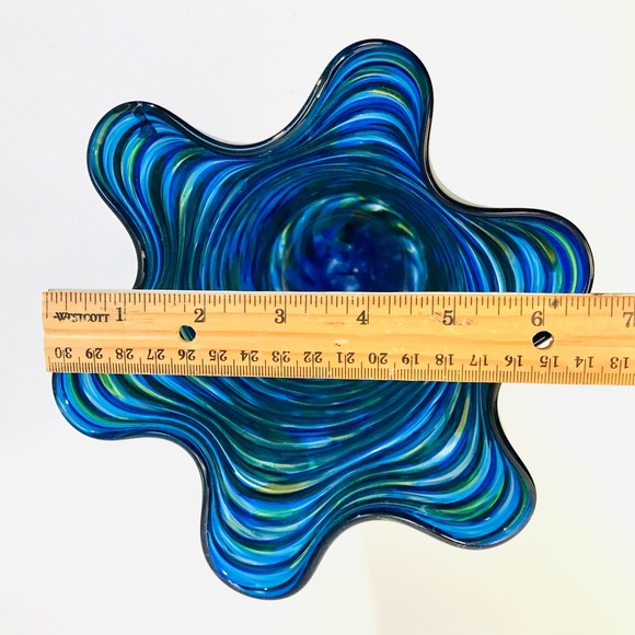 Arribas Brothers Walt Disney World Blown Glass Ruffled Vase 9” Blue Yellow Swirl - Picture 12 of 15